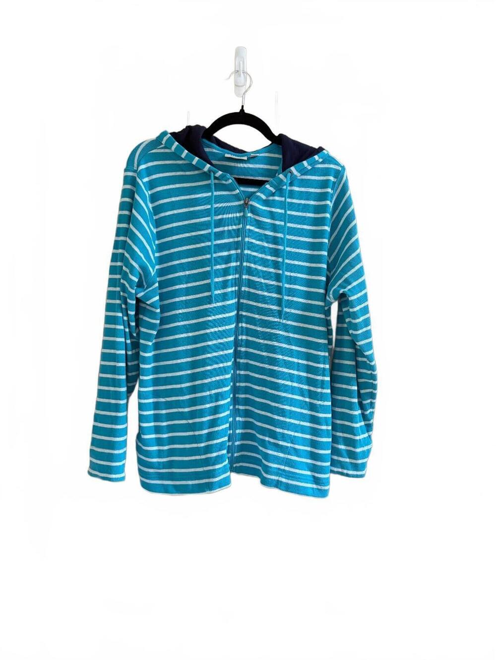 L.L. Bean Striped Knit Full Zip Hoodie Jacket Womens Size XL Blue/Teal